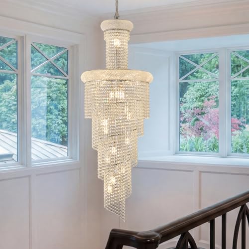 20 Light Spiral Crystal Chandelier Chrome Finish for High Ceiling Foyer Entryway Living Room Staircase 60'' H X 22'' W X 22'' D (Chrome / 60'' H X 22'' W X 22'' D)