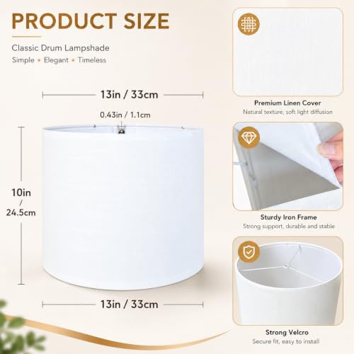 Drum Fabric White lamp shades for table lamps (White + Harp stands / 13x13x10 inch-1 Pack)