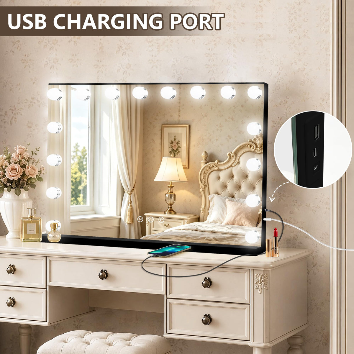 Black Hollywood Vanity Mirror with Lights (Black / 26"L x 20"W)