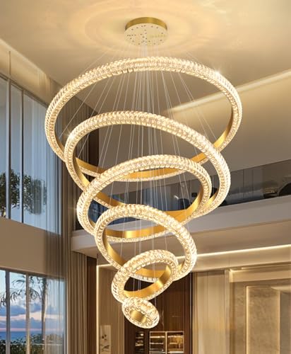 47" 6 Ring Crystal Chandelier Modern LED Dimmable Ring Pendant Light Chandelier for Dining Room Living Room Gold (Gold / 6 Ring Round 47")