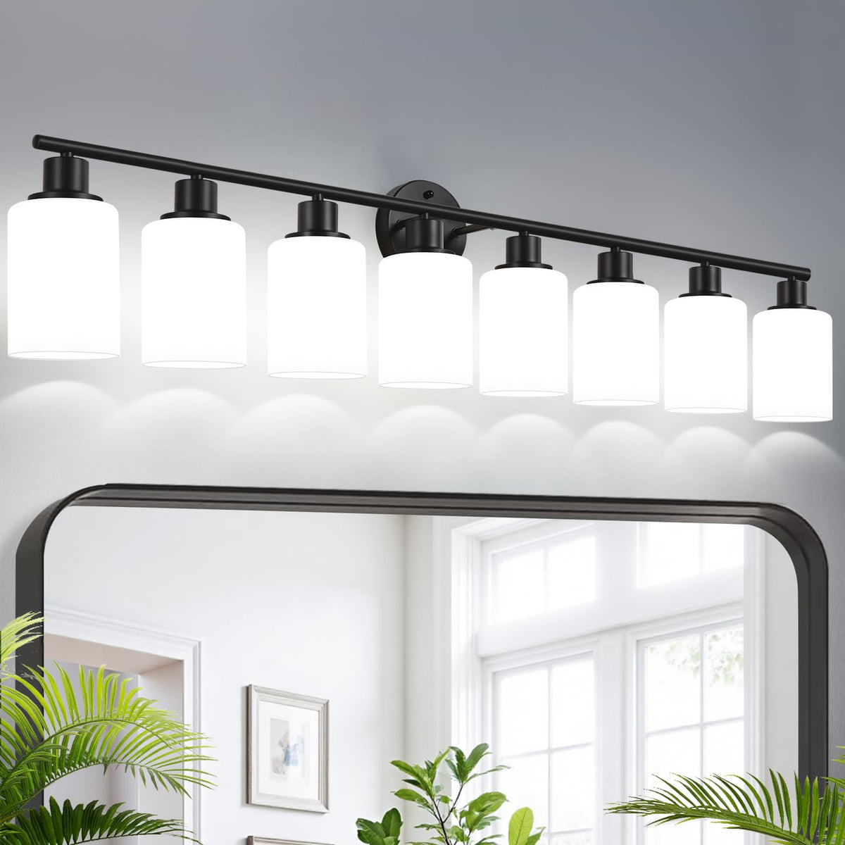 8 Light Bathroom Light Fixtures (Matte Black & Milky White Glass / 8-light)