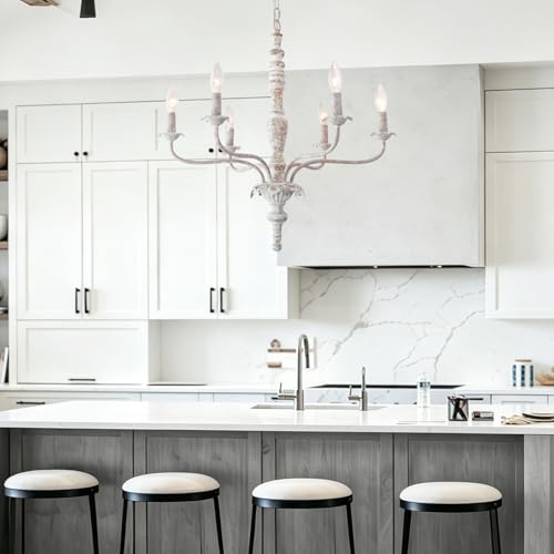 French Country Chandelier Farmhouse Distressed Wood for Dining Room (White)