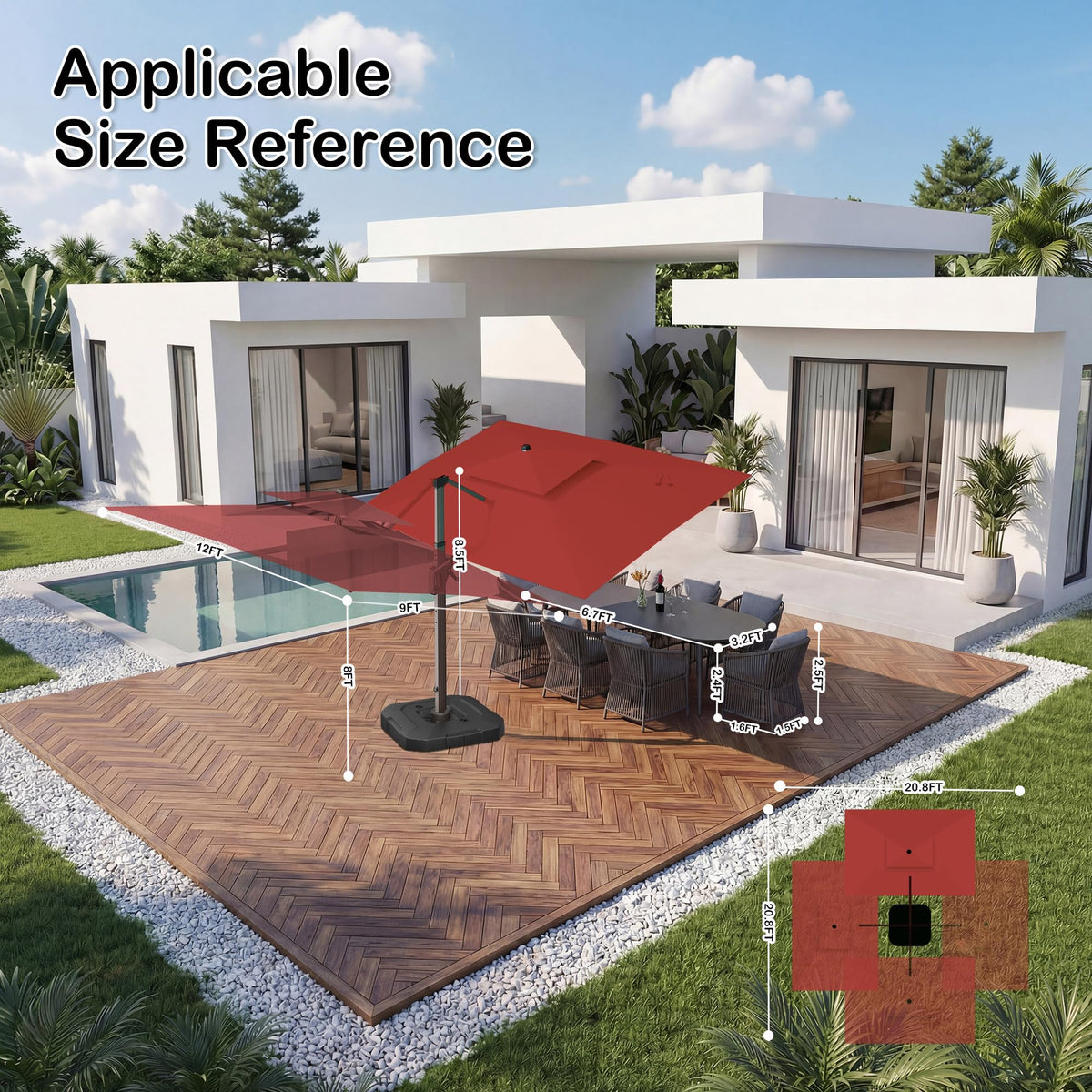9x12 FT Patio Cantilever Outdoor Umbrella with Base and LED Lights (Red)