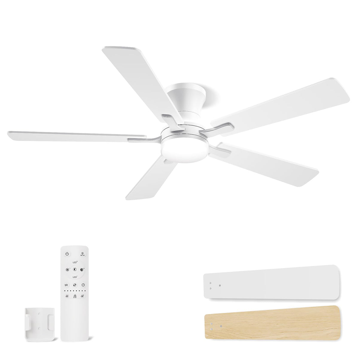 52 Inch White Low Profile Ceiling Fan with Light and Remote (White / 52 Inch)