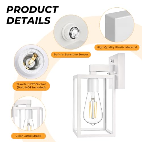 2 Pack Dusk to Dawn Outdoor Wall Light Fixtures (White)