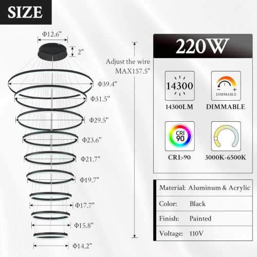 9 Rings D39.4in Modern LED Chandelier Black Dimmable High Ceiling Foyer Chandeliers Entryway with Remote Control for Staircase Entryway Living Room Foyer (Black / 9 Rings 39.4in)