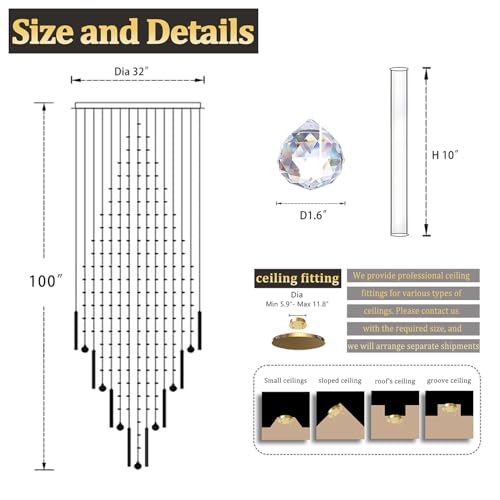 D32''XH100'' Modern Large Chandelier for High Ceiling Raindrop Crystal Chandelier High Ceiling Pendant Light Fixture for Hallway Living Room Gold Stairwell Chandeliers (Gold / D32"X H100")