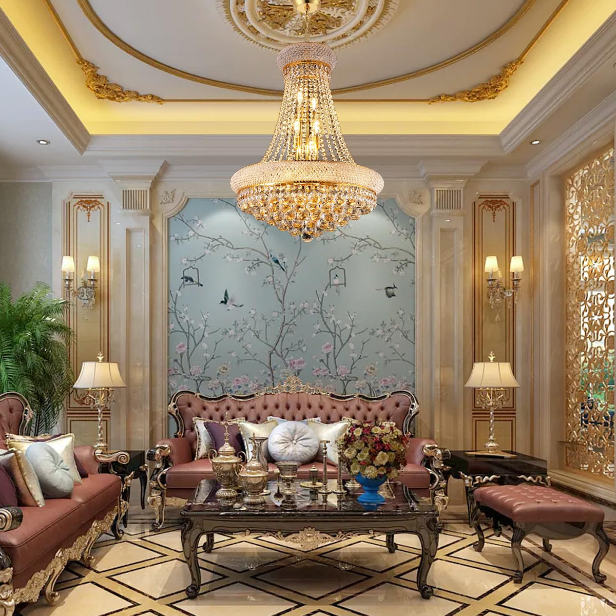 22" W 12 Light Luxury Entrance Chandelier with Unique Empire K9 Crystal Design for High Ceilings (22"(Gold))
