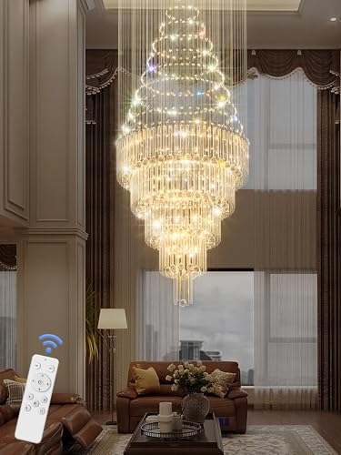D40''x H110'' Modern Round Crystal Chandelier LED Dimmable Large Crystal Raindrop Chandeliers High Ceiling Tier Chandeliers for Foyer Stairwell Entryway Living Room Silver (Silver / D40"X H110")