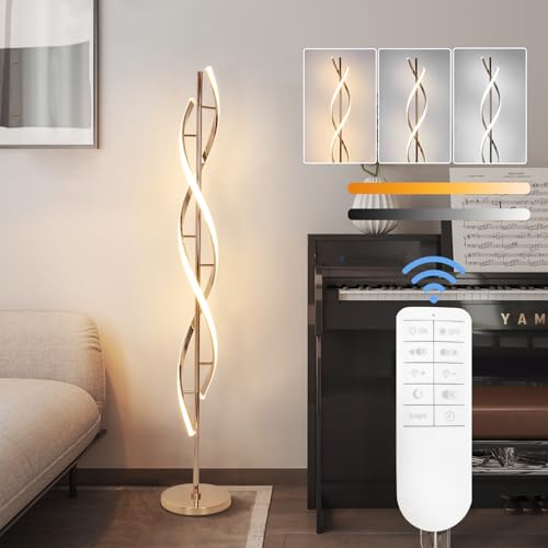 40W LED Floor Lamp Remote Control Dimmable Spiral Floor Lamp Indoor Tall Lamp Floor Lamps for Living Rooms Family Rooms Bedrooms Offices Lighting (Gold B)