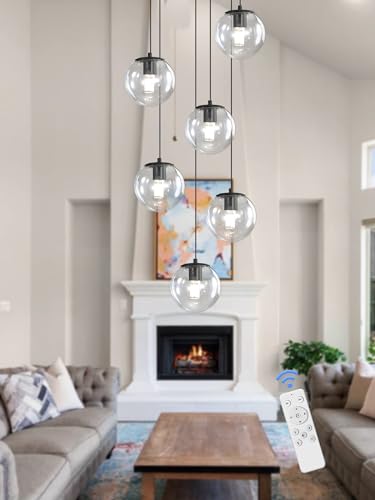 6 Light LED Staircase Modern Glass Globe Pendant Light Large Chandeliers for High Ceilings (Black-Clear / Globe 6-Light)