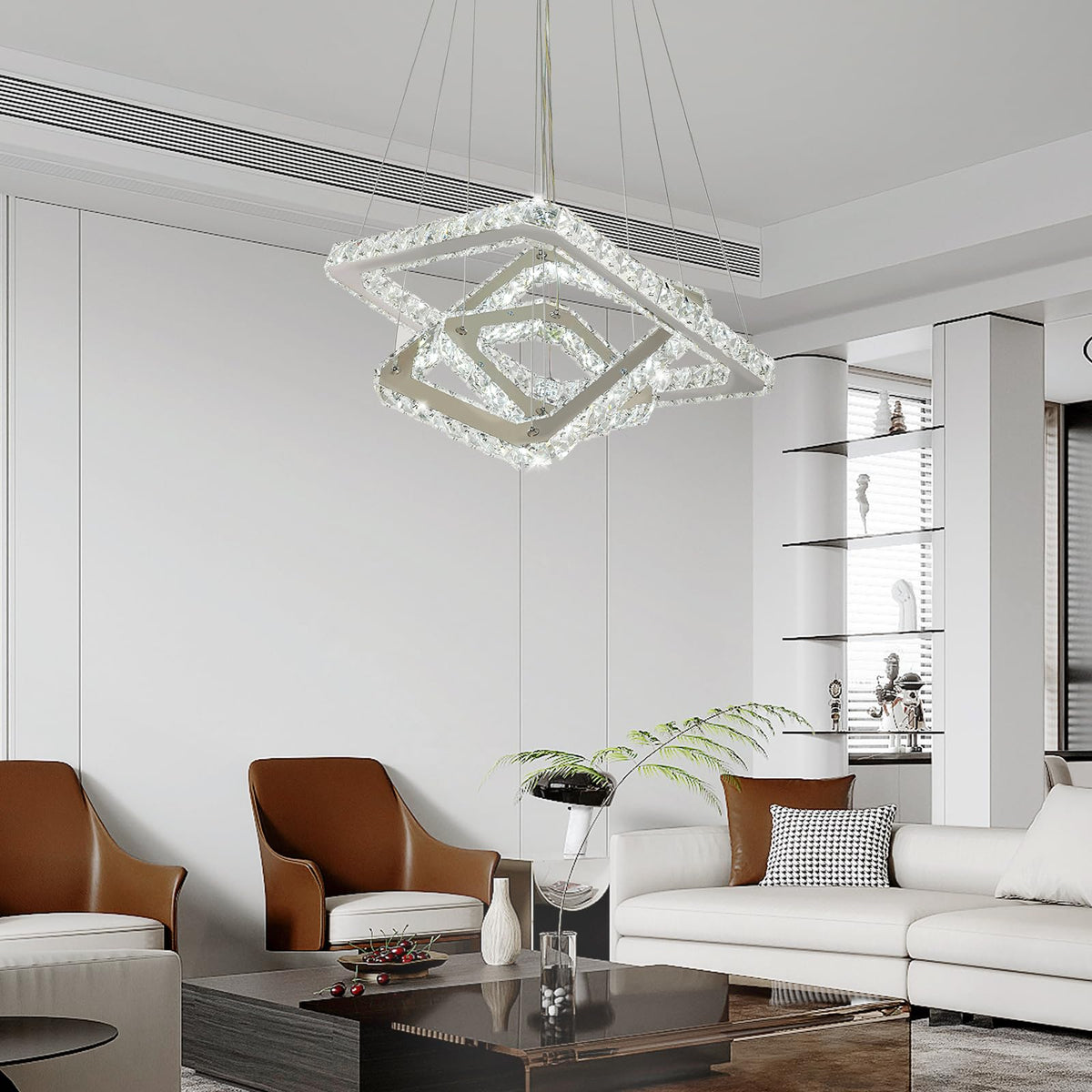 Square 3 Ring Crystal Chandelier Adjustable Height Cool White