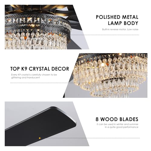 72 Inch Black Large Crystal Chandelier Ceiling Fans with Lights and Remote (Black-72IN)
