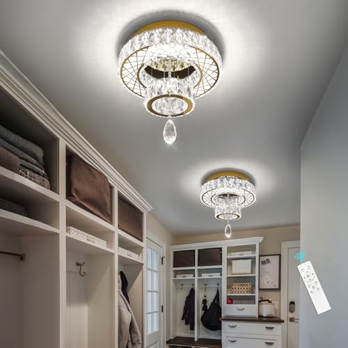 Modern Glam Ceiling Chandelier Bedroom Light Fixtures Crystal Flat Sloping Ceiling Lights for Hallway Kitchen Dining Room Dimmable Light with Remote Gold (12 inch / Gold)