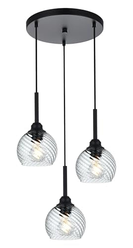 3 Light Black Cluster Pendant Light with Striped Swirl Globe Glass Pendant Lighting for Kitchen Island (Transparent / 3-Light-Round Cluster)