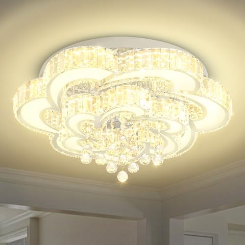 Dia 24'' Crystal Chandeliers Modern Chandelier for Living Room LED Dimmable Pendant Light Fixture with Remote Flush Mount Ceiling Lights for Bedroom Entryway Hallway Silver (Silver / Dia 24")
