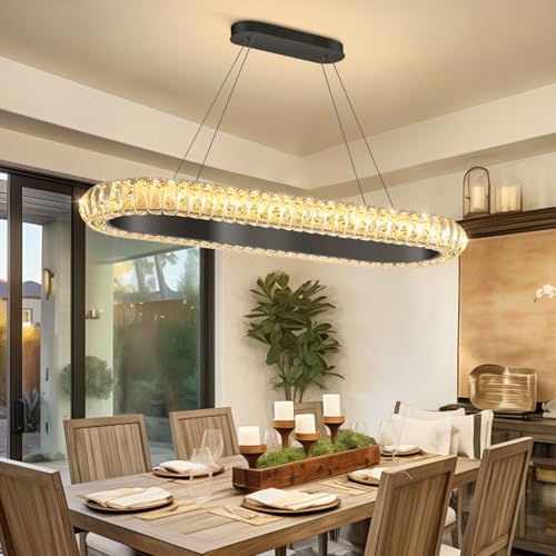 32'' Oval Ring Crystal Chandelier Modern LED Dimmable Ring Pendant Light Chandelier for Dining Room Living Room Black (Black / 1 Ring Oval 32")