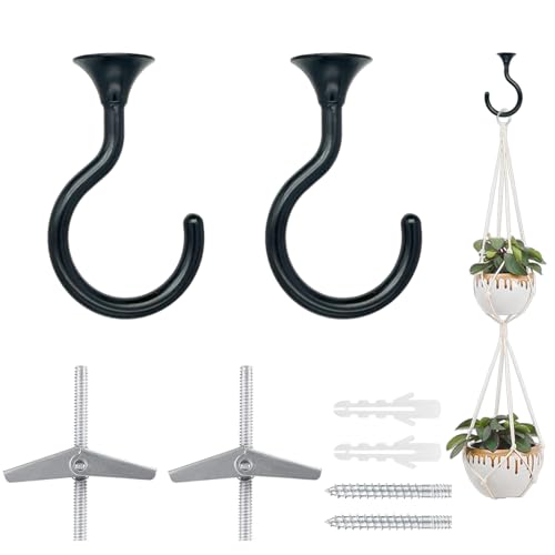 Heavy Duty Ceiling Hooks for Hanging Plants 2 Pack (Black)