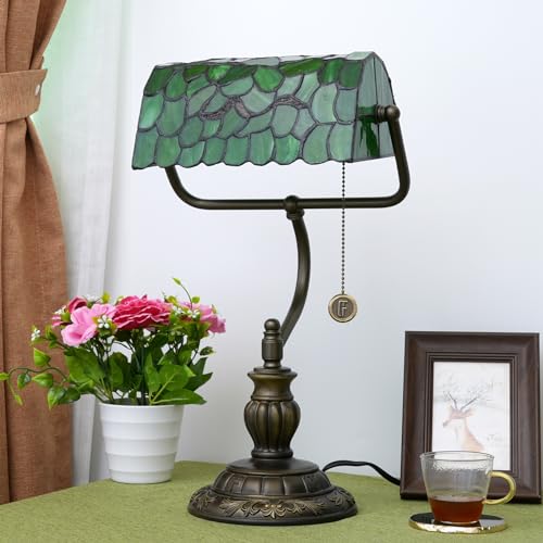 Tiffany Style Green Bankers Desk Lamp Stained Glass Lamps Tree Leaf Vintage Bedroom Bedside Study Pull Chain Reading Desk Light Retro Office Led Adjustable Nightstand Antique Accent Deskla (Green Leaves)