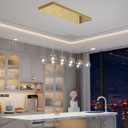 10 Lights Chandeliers for Dining Room Glass Globe Pendant Light Gold Chandeliers Rectangle Pendant Ceiling Light Fixture for Kitchen Island Dining Room Over Table Entryway Lighting Fixture (Gold-Clear / Rectangle 10-Light)