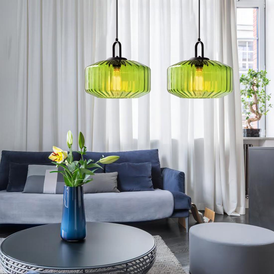 Green Glass Pendant Light Fixture Large Hand Blown Globe Shade (Green-2)