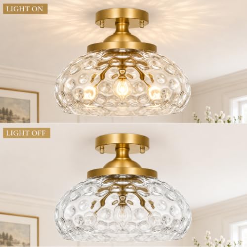 Mid Century Gold Ceiling Light with Hammered Glass Shade (Gold & Hammered Glass / 12in)