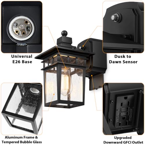 Porch Light with GFCI Outlet (Black / 2-Pack-Dusk to Dawn)