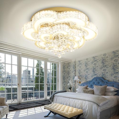 Dia 24'' Gold Modern Crystal Chandeliers Modern LED Dimmable Chandelier with Remote Crystal Ceiling Light Pendant Light Fixture for Living Room Bedroom Entryway (Gold / Dia 24")