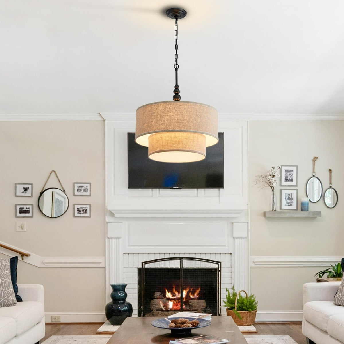 Lighting Double Drum Chandeliers (Beige&Double D20'')