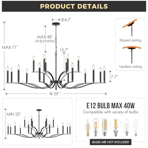 Black Living Room Chandelier 18 Light High Ceiling Foyer Candle Chandelier Large Dining Room Light Fixture Over Table 59in Metal Modern Chandeliers Hanging Light for Entry Master Bedroom (Black / 59 inch)