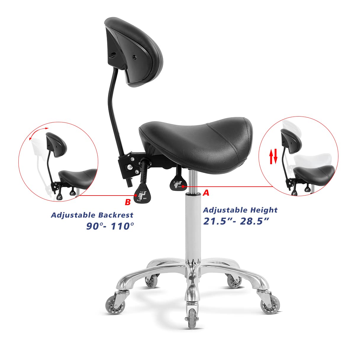 Saddle Stool Rolling Chair with Back Support (Black With Back)