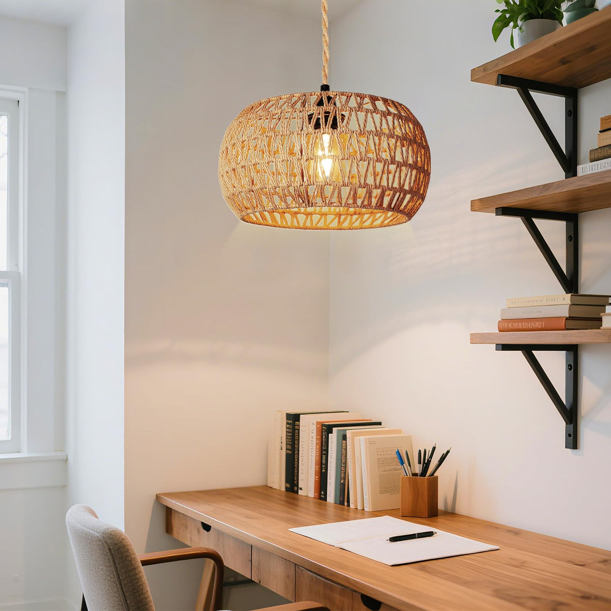 Hanging Light Lamp Shades Boho Rattan Lamp Shades (12.6 Inch-Drum Shade)
