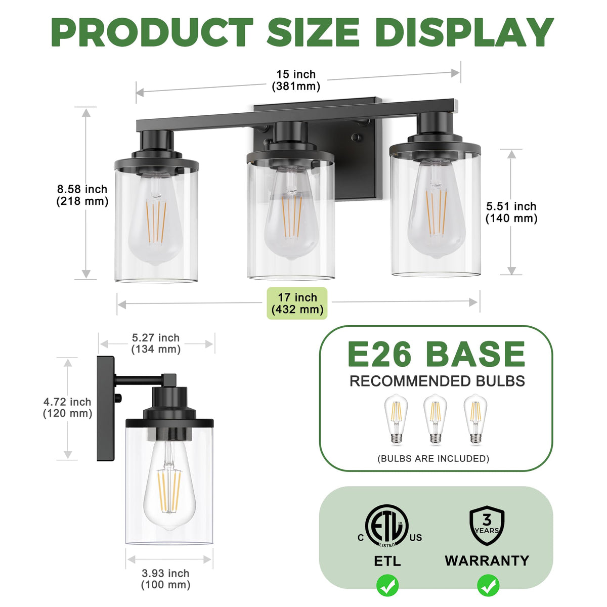 Bathroom Vanity Light with 3 Bulbs 17 Inch Black Mirror Light (Black / 3-Light)