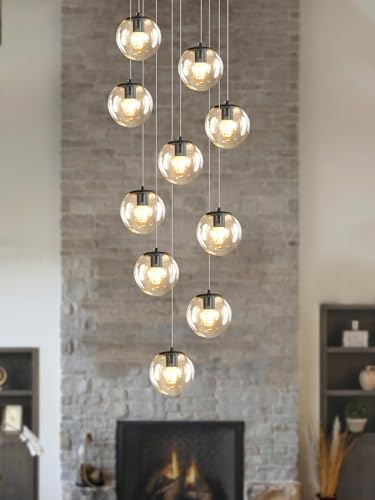 10 Light LED Staircase Modern Glass Globe Pendant Light Large Chandeliers for High Ceilings (Black-Clear / Globe 10-Light)