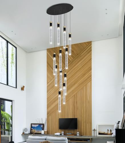 118inch 12 Lights Modern Chandeliers for Living Room LED Dimmbale Light Fixture Entryway High Ceiling Light Pendants Lighting for Dining Room Hallway Staircase with Remote Dimming Chandelier (12 lights Cylindrical)