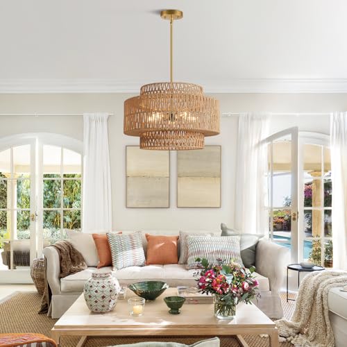 19" Boho Rattan Chandelier for Dining Room Light Fixture (Country / 5-Light)