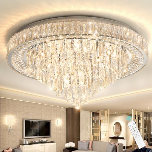 Modern Chandeliers for Living Room Crystal Ceiling Light Fixture LED Dimmable Lamp with Remote Pendant Lighting Flush Mount Ceiling Lighting for Dining Room Bedrooms (Silver / 31.5" Width)