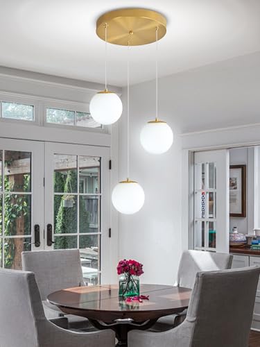 3 Light White Globe Pendant Light Modern Bubble Chandelier Gold Pendant Chandelier for Dining Room Kitchen Island Foyer Hallway (Gold-White / Globe 3-Light)