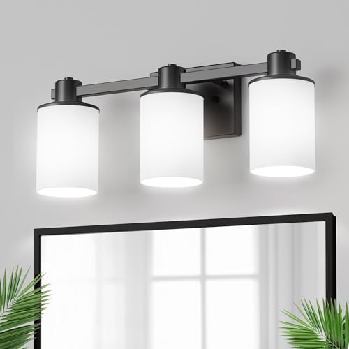 Bathroom Vanity Light Fixtures Over Mirror with Milk Glass Shade (Black & Milky White / 3-Light)