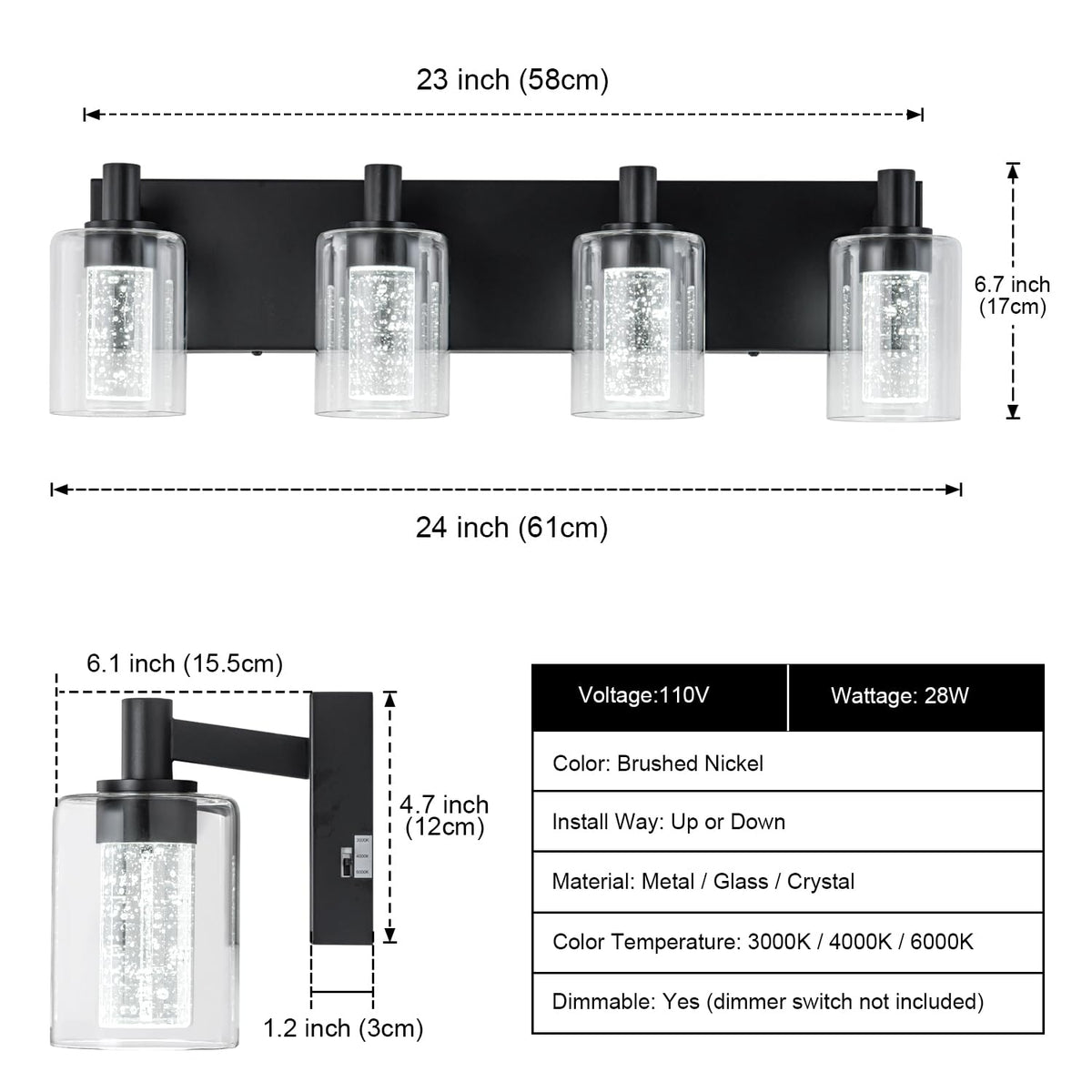 Vanity Light with 3 Color Modes (4-light / Black)
