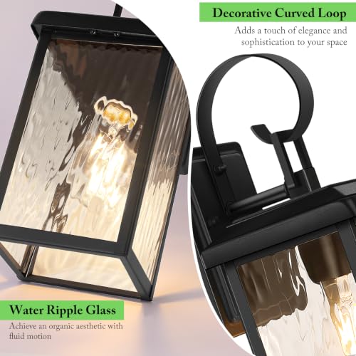 2 Pack Outdoor Wall Light Fixtures with Water Ripple Glass (Black with Watter Ripple Glass / 12.8")