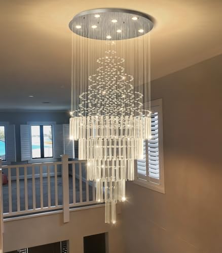 W24 x H78 Crystal Glam Chandelier Long Light Chandeliers with Dimmable Light Bulbs High Ceiling Light Fixtures for Foyer Entryway Living Room Stair Silver (Silver / Round W24" X H78")
