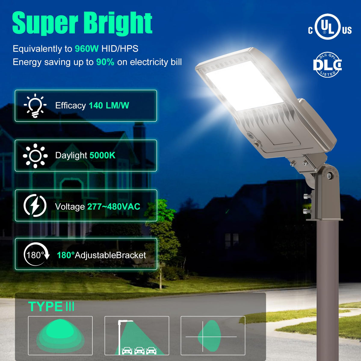 480Volt LED Parking Lot Light 240W Shoebox Area Pole Lights Slip Fitter (240W)