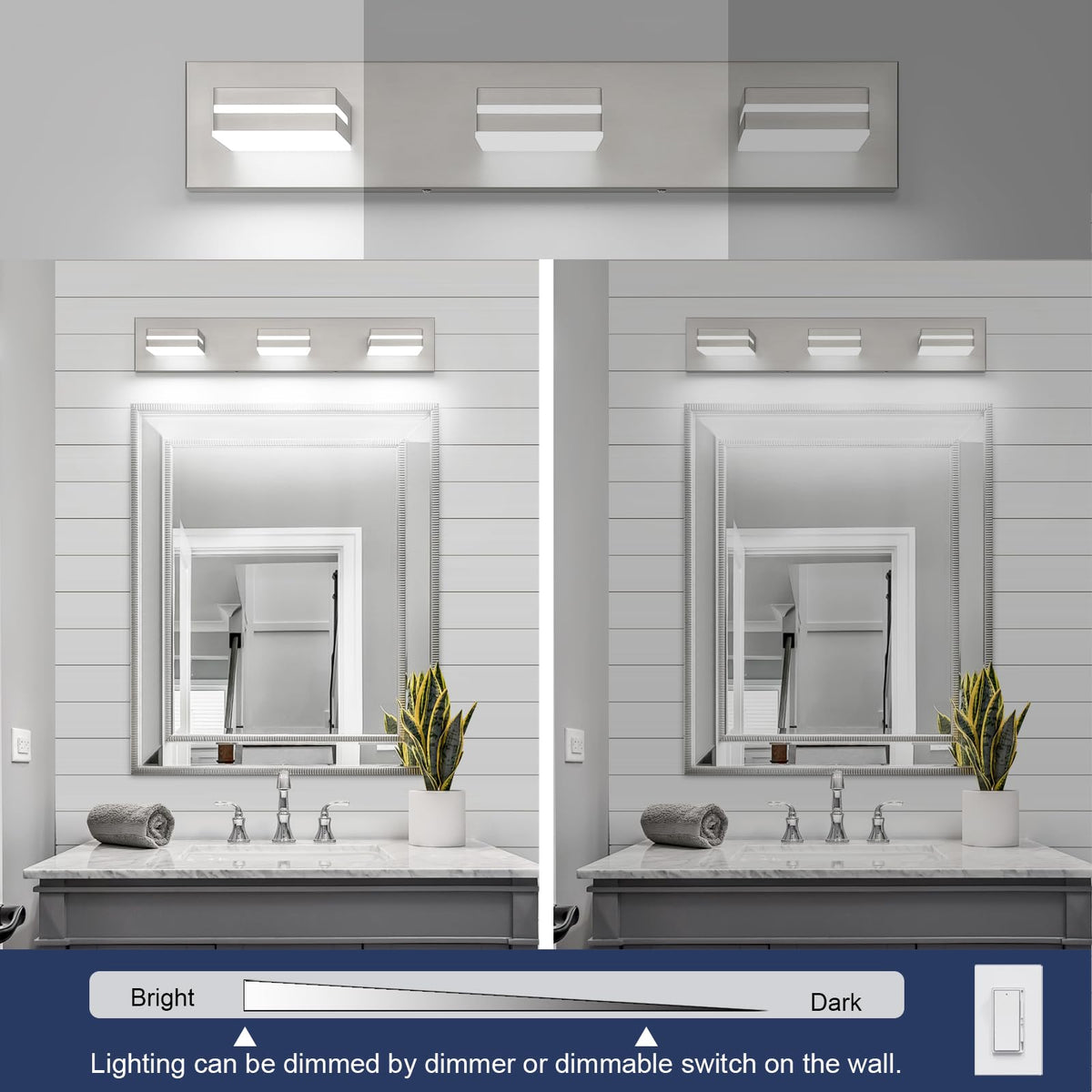 LED Modern Bathroom Vanity Light Fixtures (3-Light, 24-Inch / Nickel, 100%-0% White)