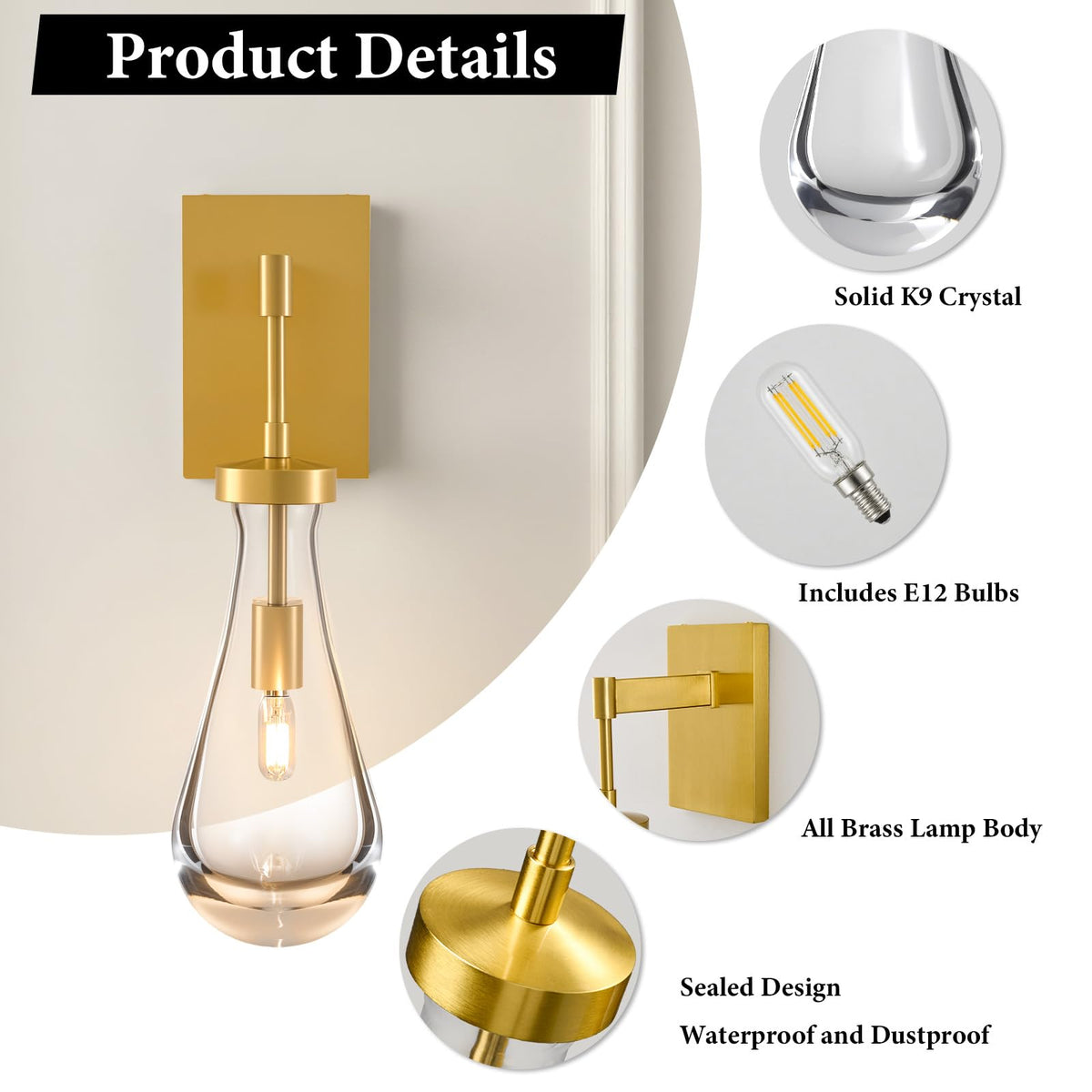 Raindrop Brass Crystal Wall Sconce (Elegant Gold / 1 Pack)