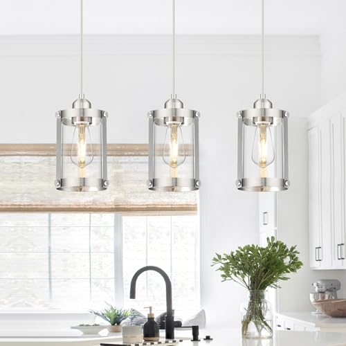 Brushed Nickel Pendant Lights Kitchen Islands (Nickel + Clear Glass / 1-Light Pendant, 3 Pack)