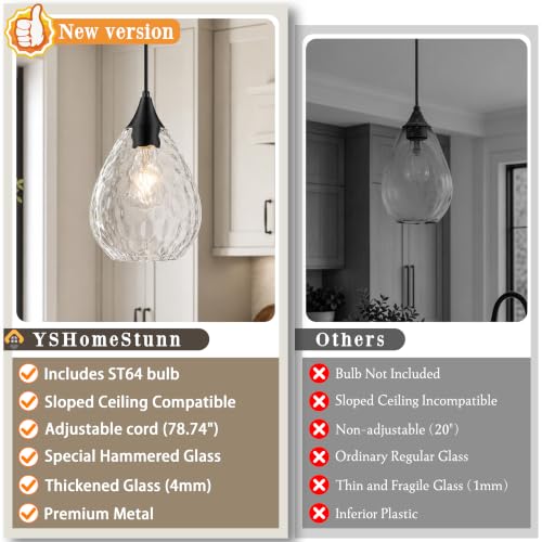 Black Glass Pendant Lights Kitchen Island 8" Pendant Light Hammered Clear Glass 3 Pack Height Adjustable Modern Hanging Pendant Lights for Dining Room Bedroom Hallway Sink Bulbs Incl (Black, 3 PK / 8 Inch)