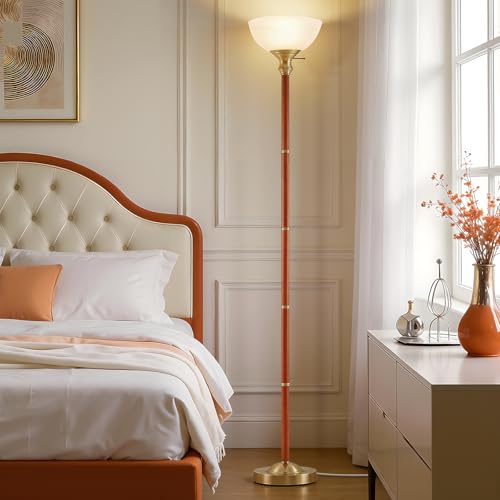 72" Wood Torchiere Floor Lamp with Glass Shade Gold Standing Lamp (Gold)