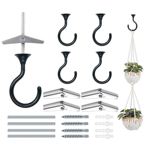 Heavy Duty Ceiling Hooks for Hanging Plants 4 Pack (Black)
