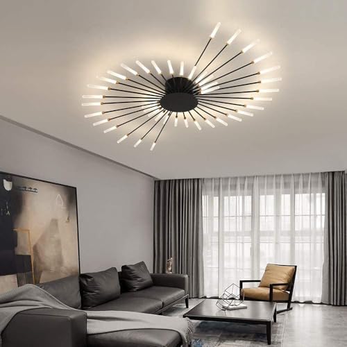50.4“ Ceiling Light Modern Flower Shape Ceiling Lamp for Living Room Dining Room Semi Flush Mount Metal Acrylic Sputnik Firework Petal LED Lighting Fixture (Matte Black / 50.4in)